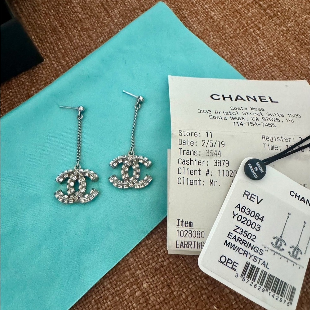 CHANEL Silver Crystal Drop Earrings